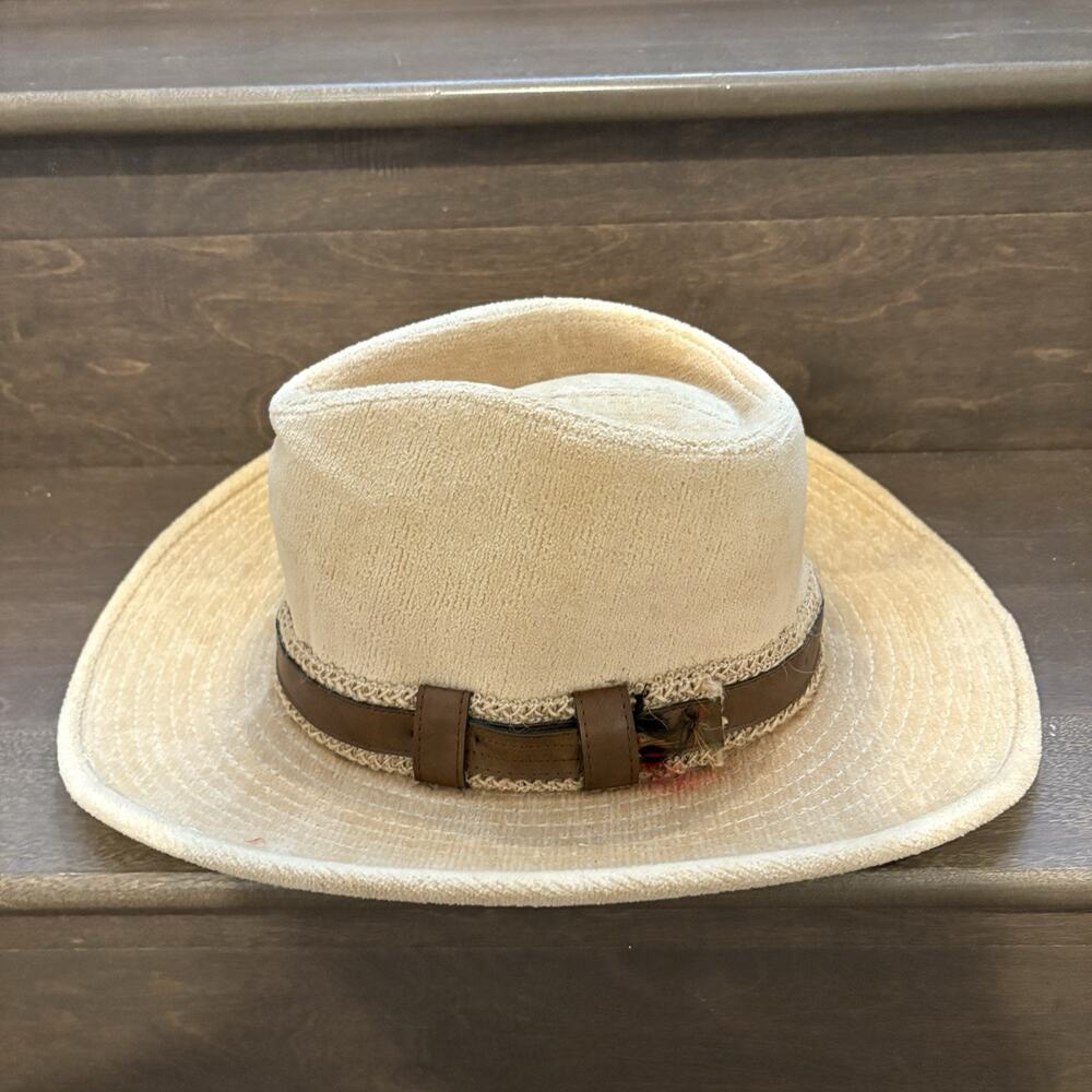 Vintage YA Longhorn Cowboy Hat Men Med Tan Velour‎ Faux Leather Band Size 7 1/4